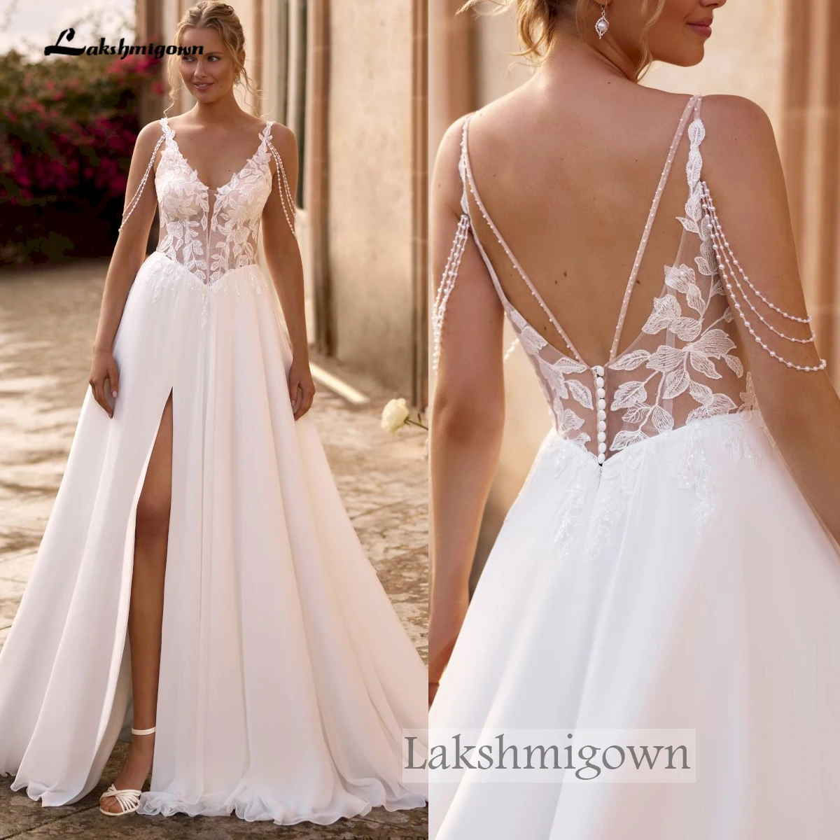 Robe de mariée bohème sexy, col en V profond, bustier en dentelle illusion, bretelles ornées de perl