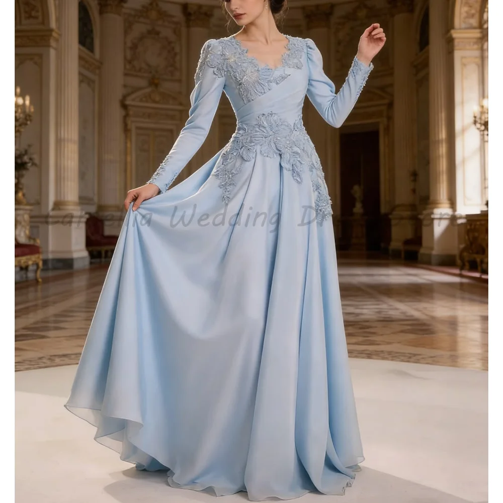 Robe de soirée en mousseline bleu clair, col en V, manches longues bouffantes, appliques florales 3D