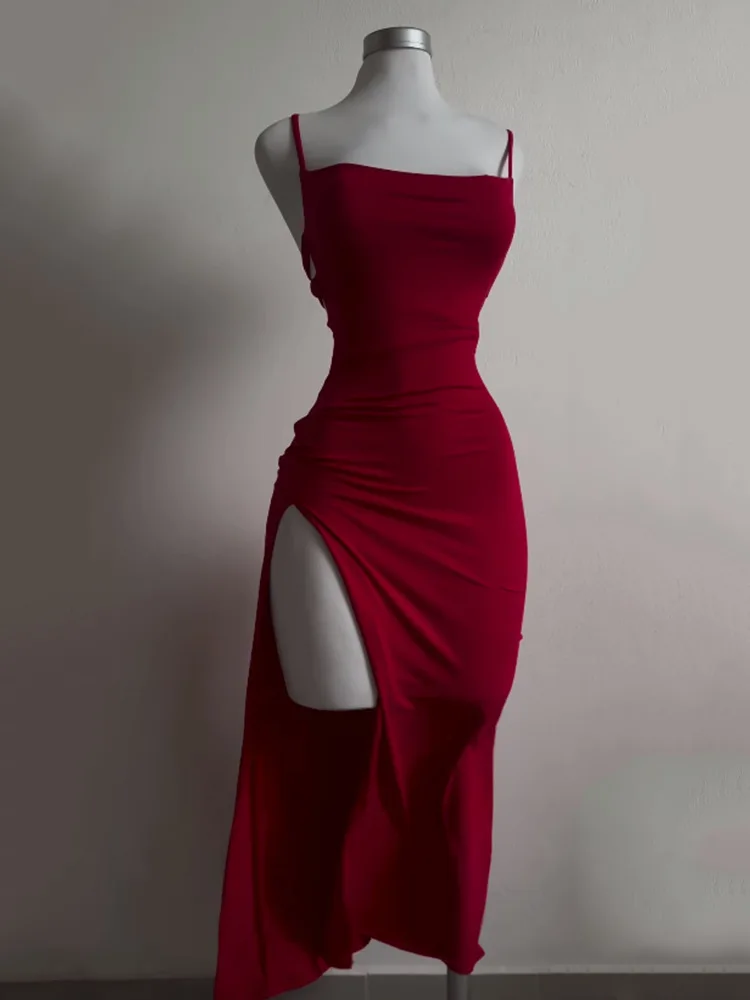 Robe longue à lacets, dos nu, Sexy, fendue, sans manches, moulante, fête, Club, Robes de soirée, rue