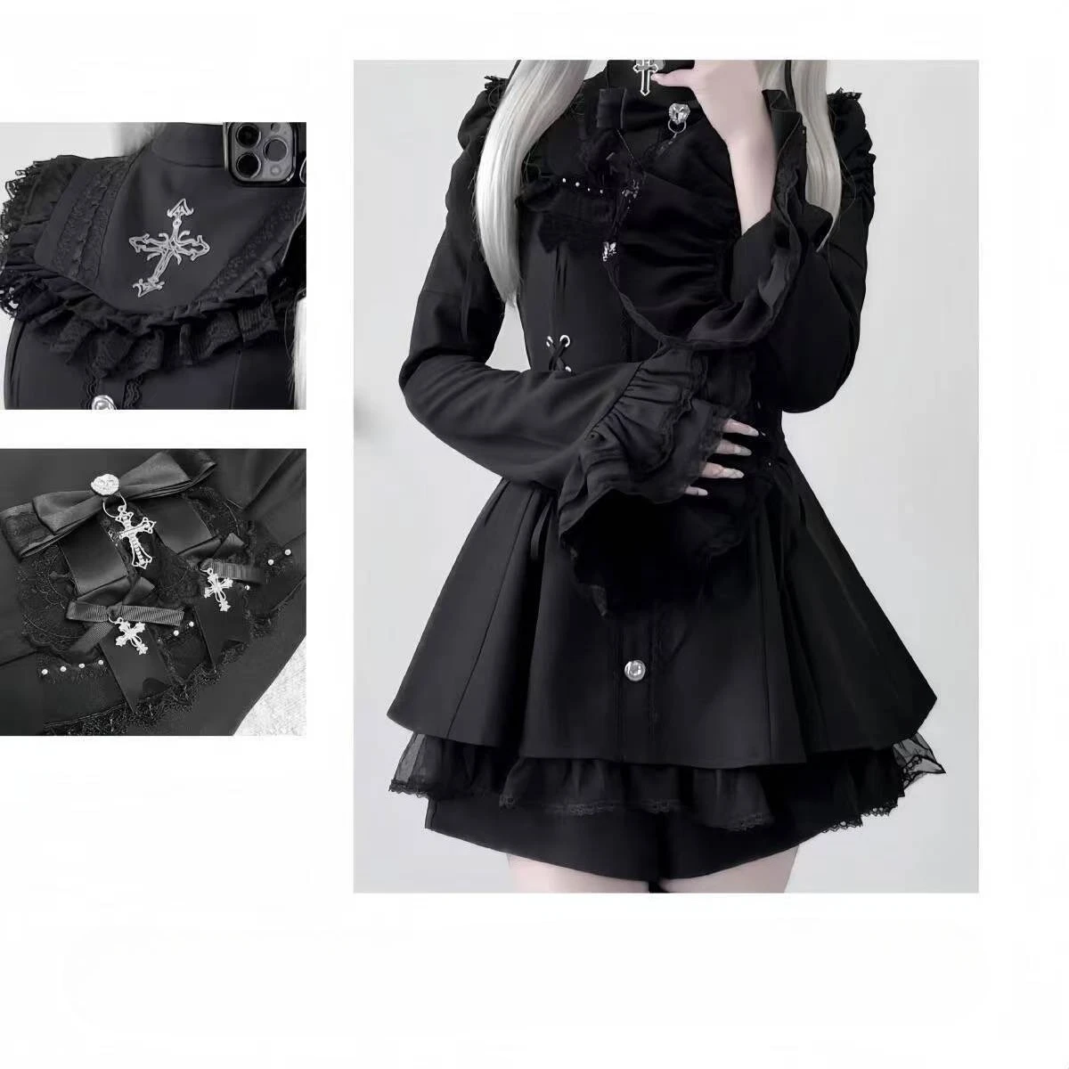 Robe gothique Lolita d'automne 2025, avec nœud noir, cœur doux, robe courte élégante à manches longu
