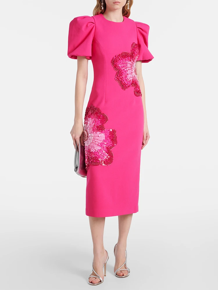 HIGH STREET Nouveauté 2026 Robe midi à manches courtes pour femme, de créateur, ornée de perles et d