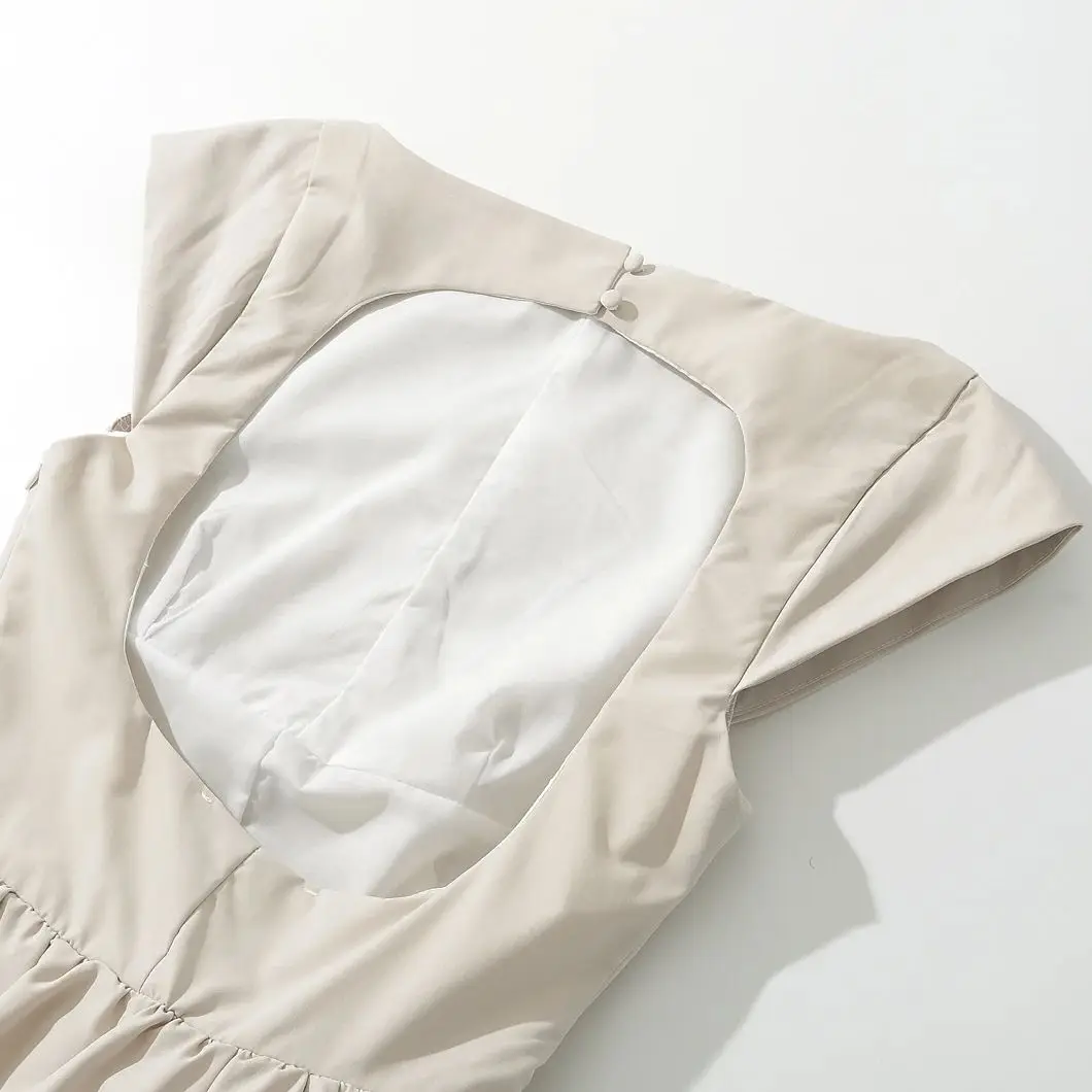 Robe mi-longue taille basse à manches courtes pour femmes, col slash sexy, dos nu évidé, robe trapèz