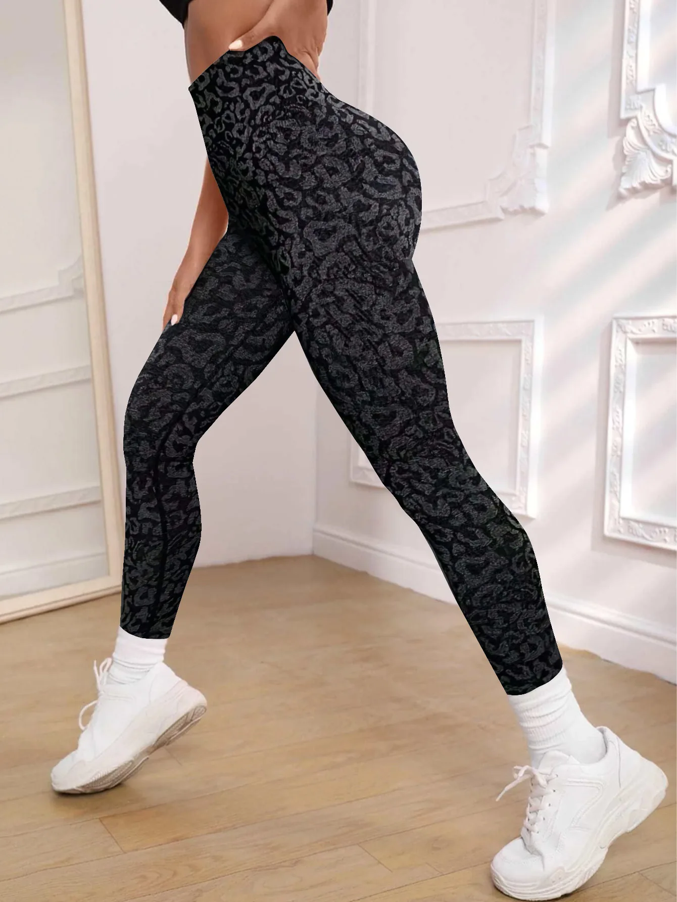 Pantalon de yoga hanche pêche imprimé léopard sans couture, pantalon de sport et de fitness taille h