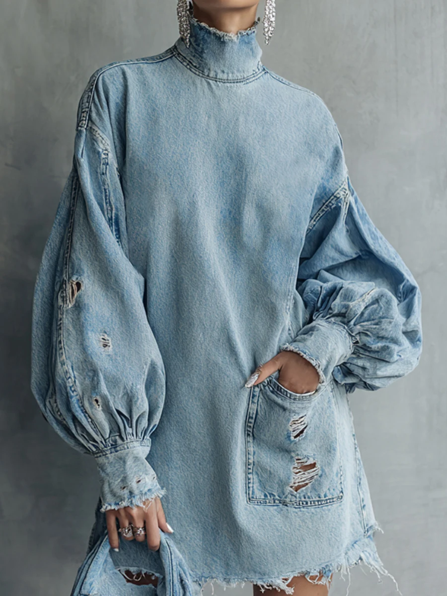 Robe Courte en Jean Rétro Tendance à Col Montant, Manches Lanterne, Poches et Détails Découpés, Coup