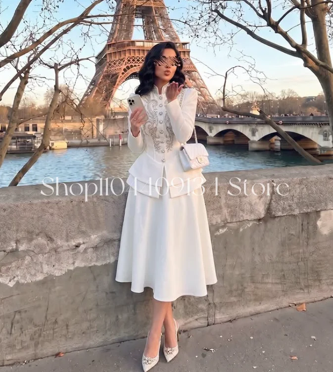 Robe de soirée formelle blanche personnalisée, magnifique et élégante, pour femmes, manches longues,