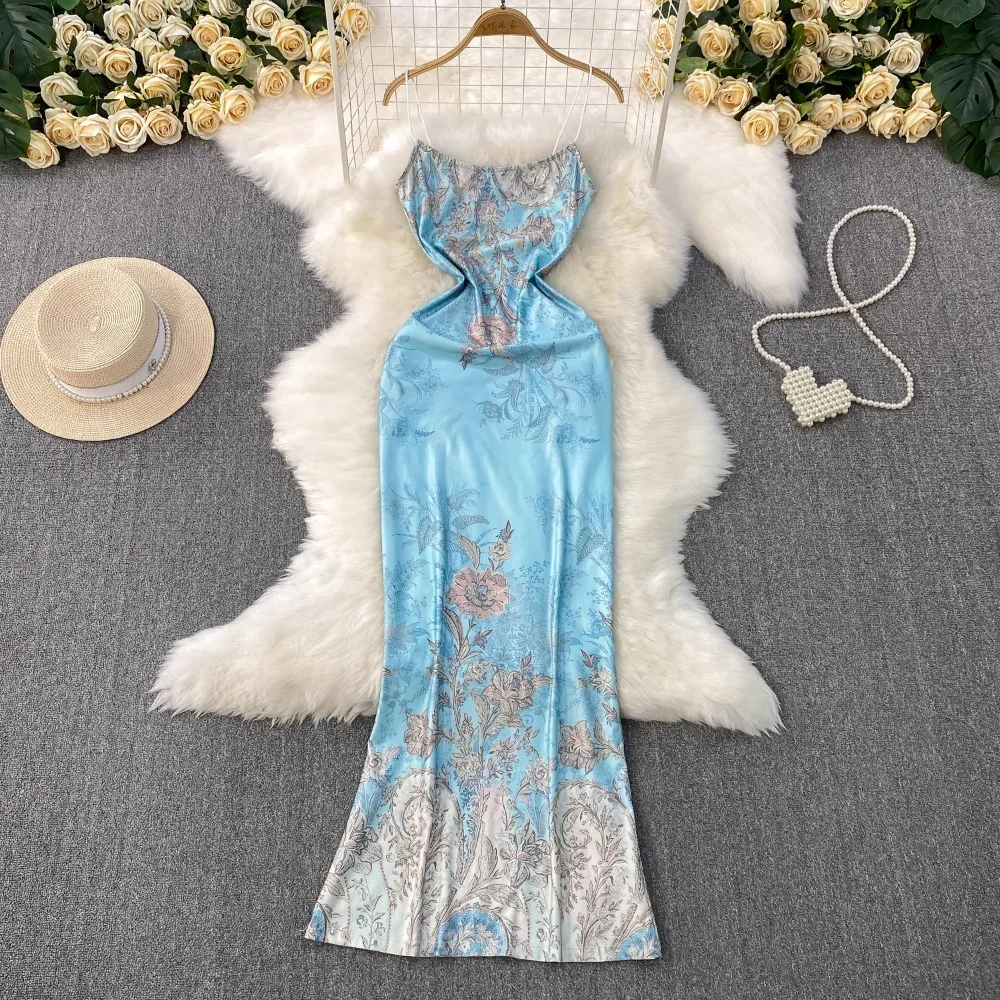 Foamlina – robe à bretelles imprimée bleu français pour femmes, tenue de vacances d'été élégante, ta