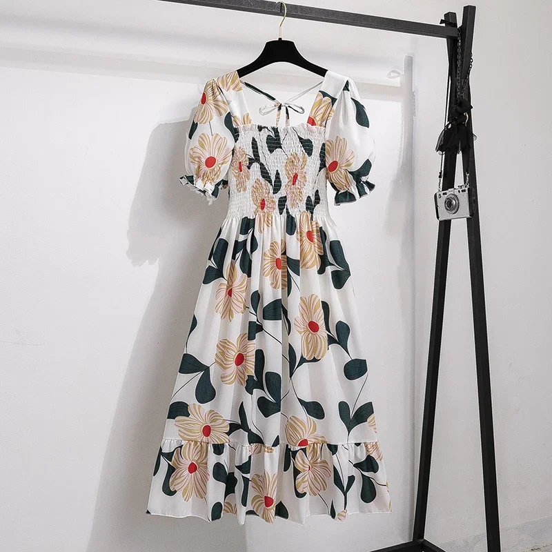 Printemps été robes en mousseline de soie mode femme taille élastique à manches courtes plissée tenu