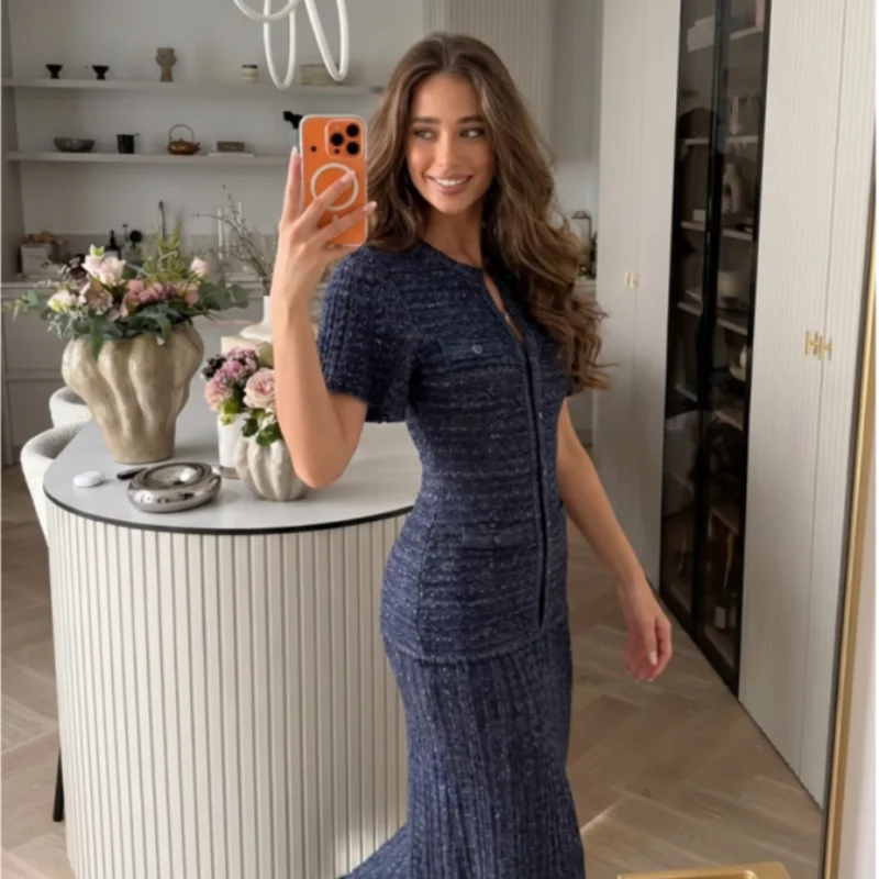 Nouvelle Robe Midi Élégante en Tweed Bleu Marine pour Femme 2026, Manches Courtes, Effet Deux Pièces