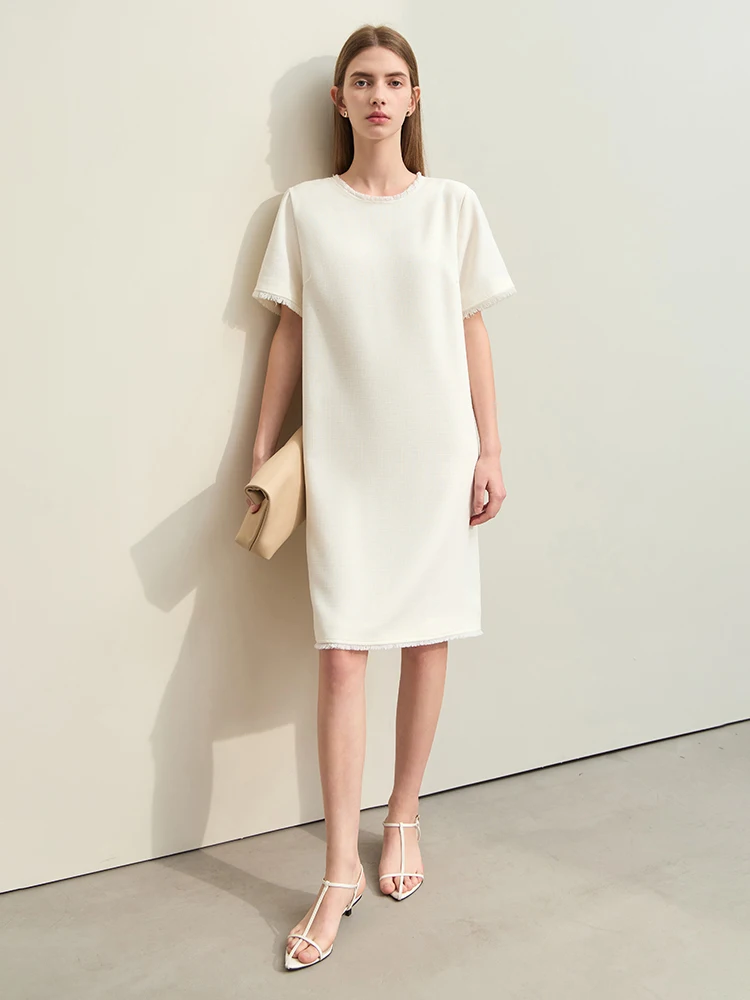 Amii-Robe mi-longue droite à manches courtes pour femmes, robes minimalistes, pompon épissé, léger,