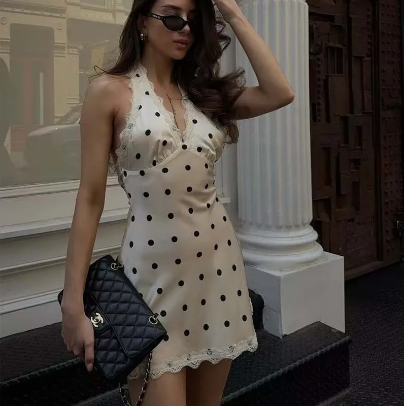YENKYE dentelle épissé à pois Robe licou femmes élégant a-ligne Mini Sexy dos nu robes Robe d'été 20