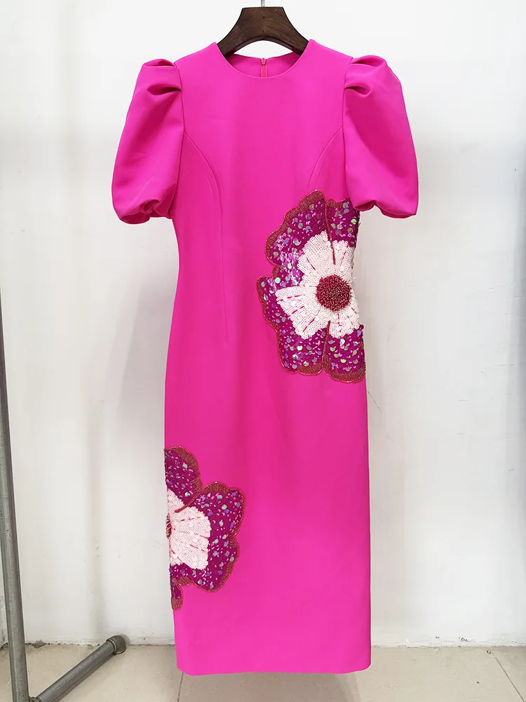 HIGH STREET Nouveauté 2026 Robe midi à manches courtes pour femme, de créateur, ornée de perles et d