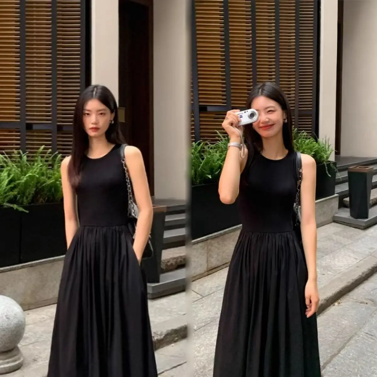 Robe mi-longue noire vintage pour femmes, style de vacances, col rond, poches décontractées, vêtemen