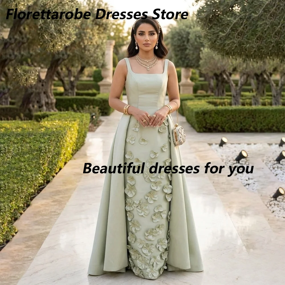 Robe de soirée vert sauge à fleurs 3D, col carré personnalisé, plissée droite, en satin, sans manche