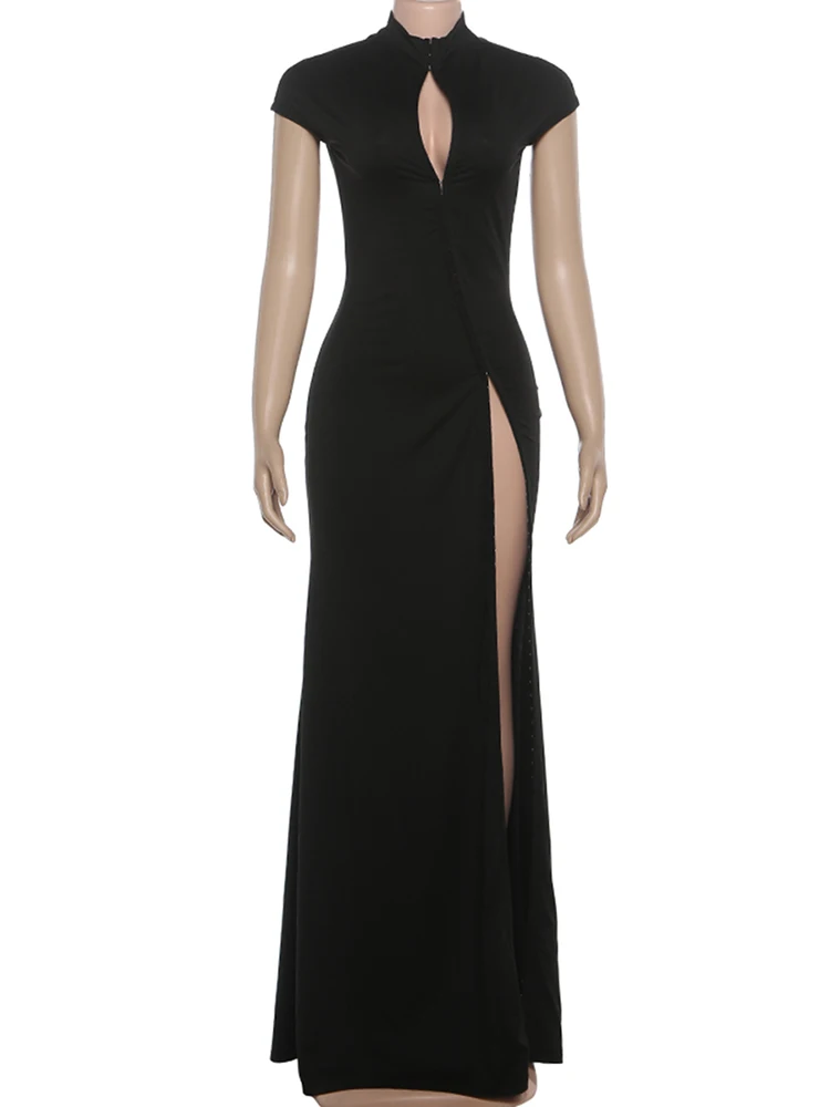 Kliou – robe longue Sexy pour femme, couleur unie, col mi-haut, manches courtes, Design creux, soiré