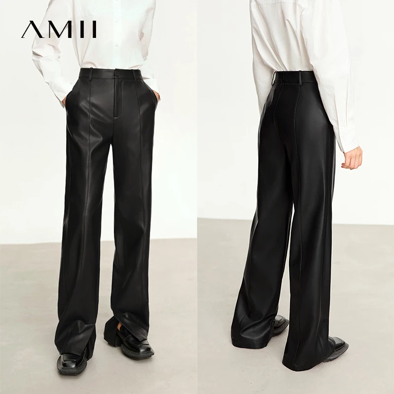 AMII minimaliste en cuir PU pantalons décontractés pour les femmes 2025 automne nouveau ample longue
