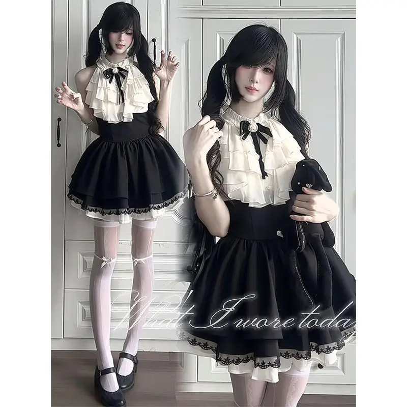 Robe Mini Coquette Goth Kawaii pour Femme, Col Halter à Nœud, Bicolore, Bordure en Dentelle, Taille