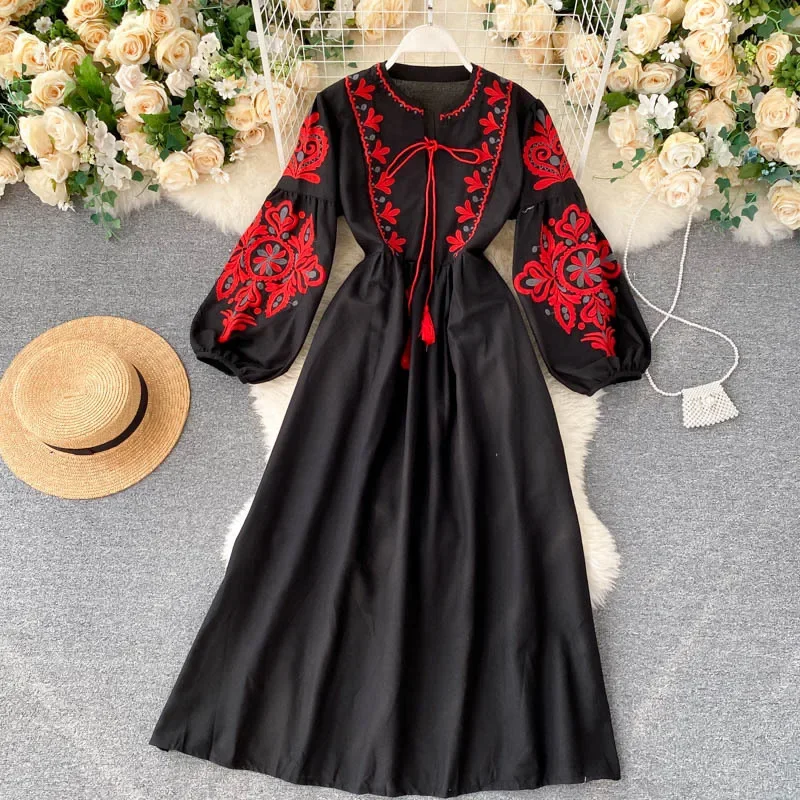 Robe brodée bohème pour femmes, Boho, fleur, col rond, manches longues lanterne, taille haute, coton