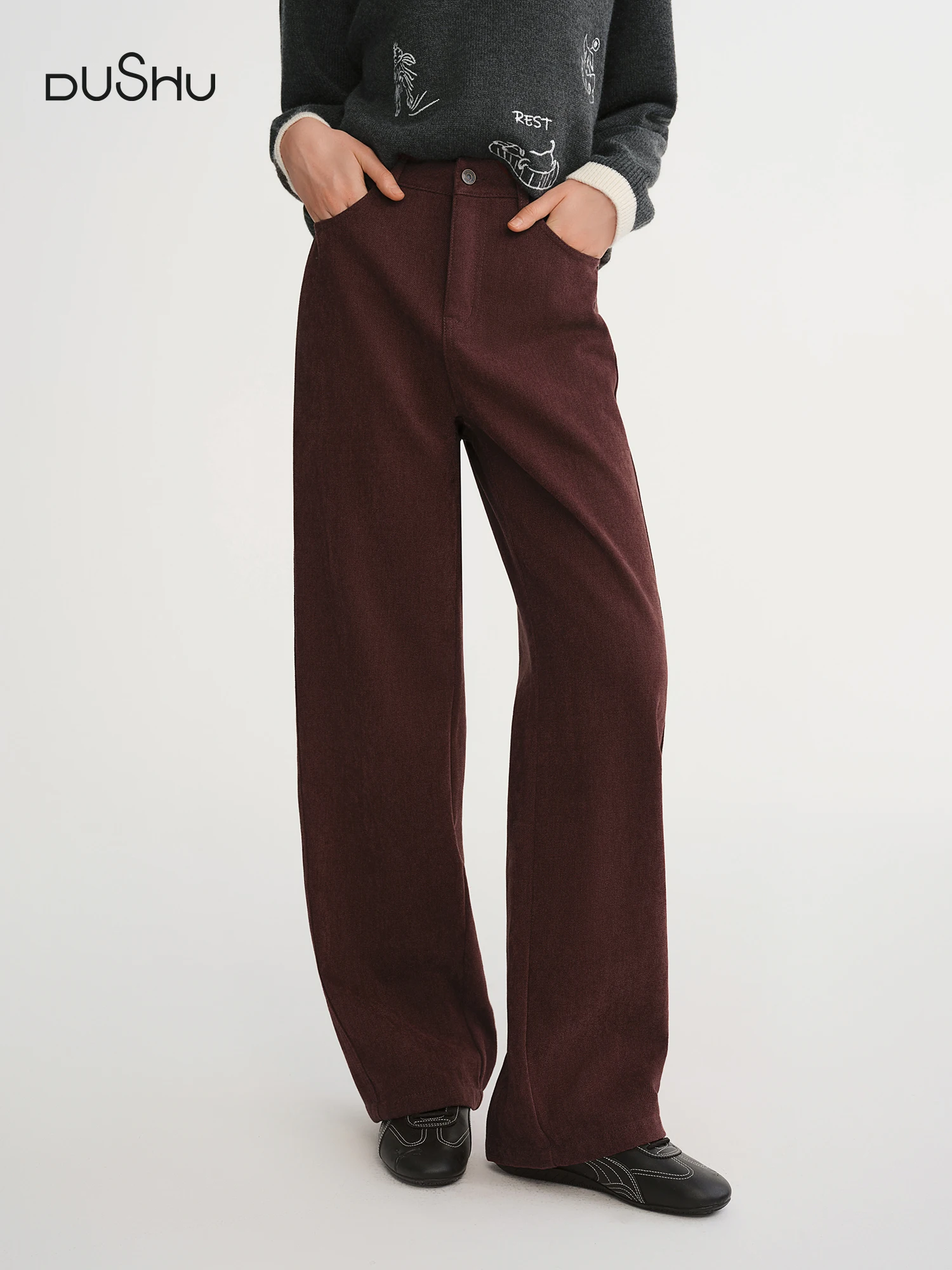 DUSHU 2025 Pantalon droit taille haute à jambes larges pour femme - Pantalon décontracté de bureau a