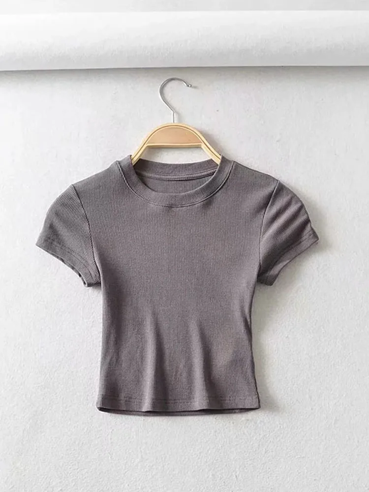 Été Sexy femmes col rond à manches courtes T-shirt mince élastique maigre culture hauts