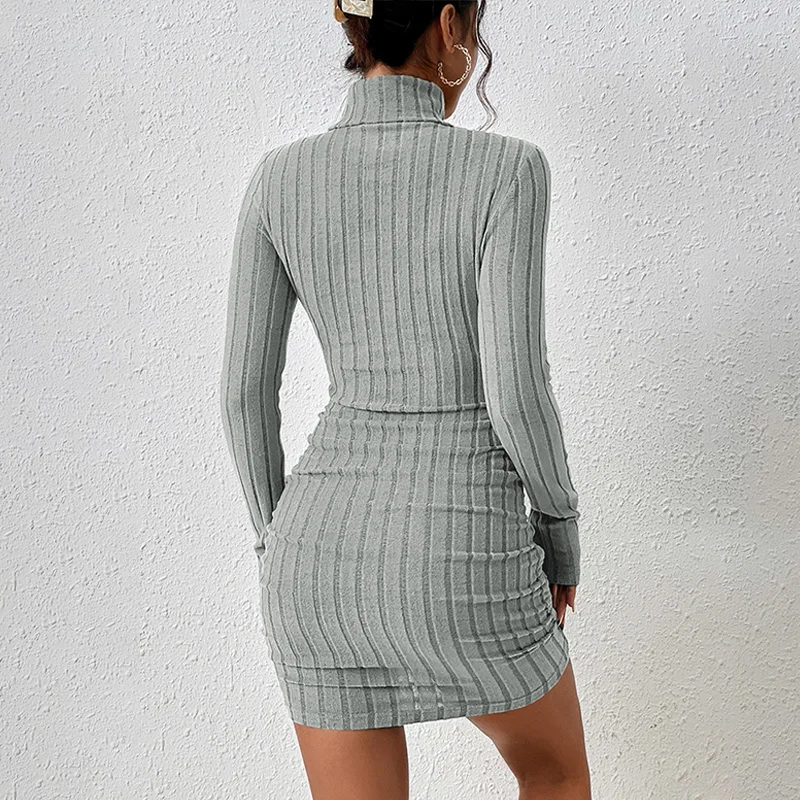 Nouvelles Robes Automne Hiver Femme Manches Longues Col Roulé Unies Sexy Moulantes Fourreau Mini Rob