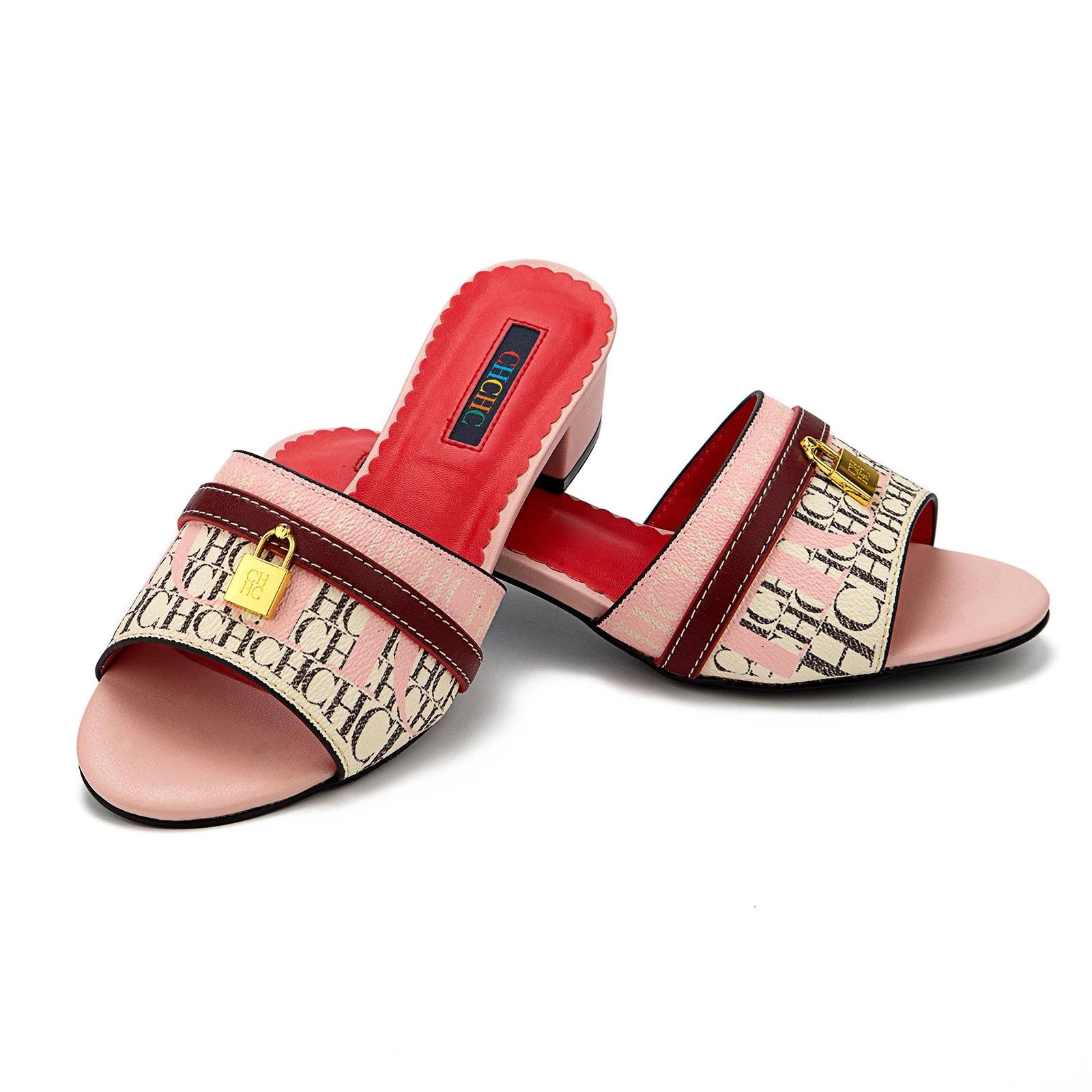 CH à la mode de haute qualité serrure en métal monogramme imprimé femmes pantoufles à talons bas tem