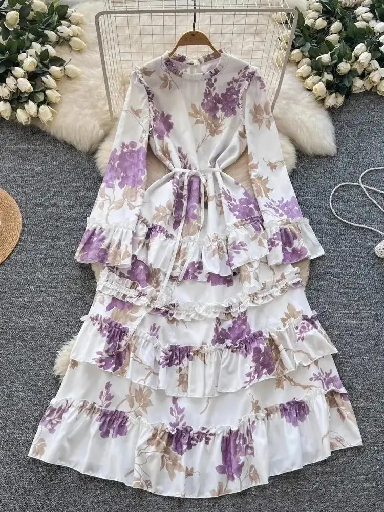 Robe gâteau à volants en cascade à imprimé fleuri µ, robe à manches évasées, ceinture à lacets, élég