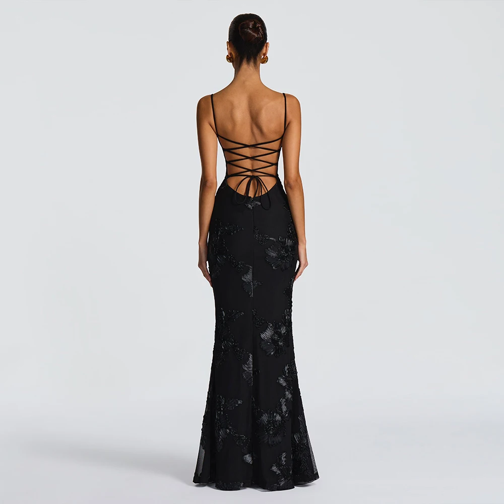 Suninheart robe sirène dos nu femmes Occasion formelle élégante robe à lacets maille broderie robe d