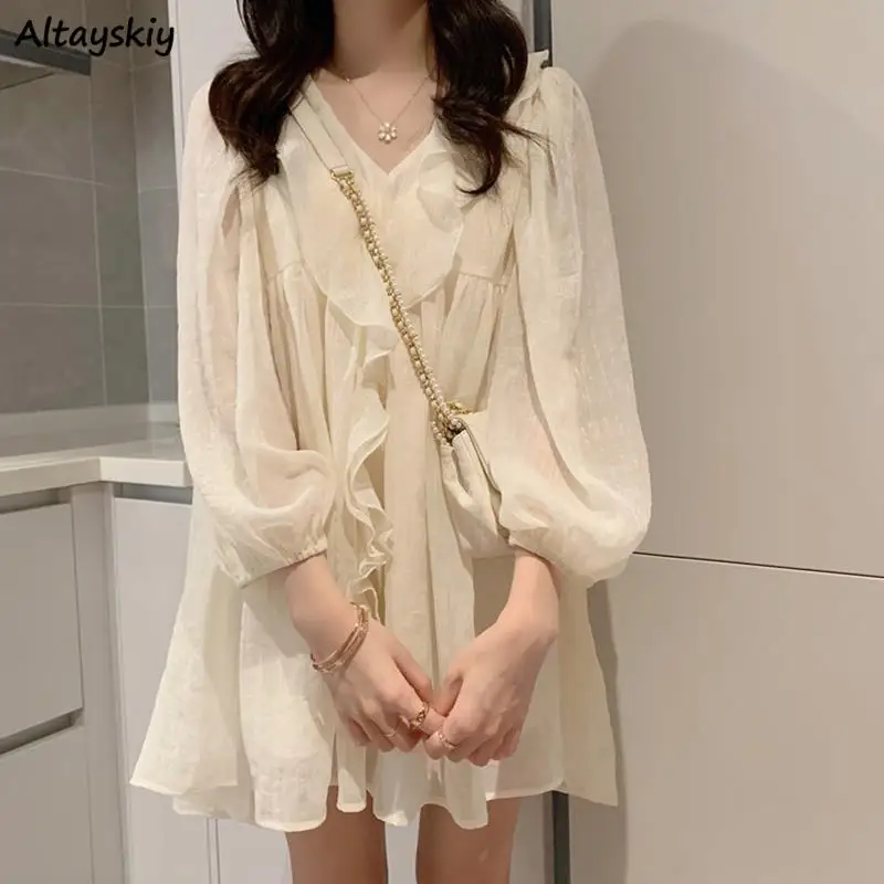 Robe de princesse élégante à manches longues pour femmes, col en V à volants, design de base, mini, 