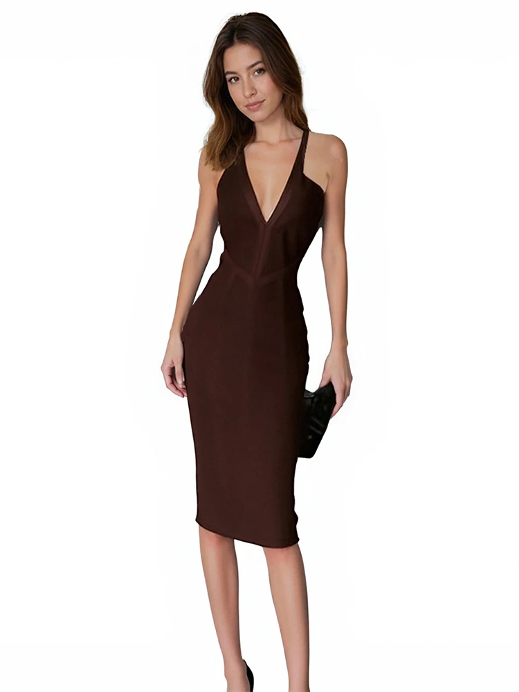 Robe moulante mi-longue à col en V profond et dos nu, style bandage, sexy et tendance, pour femme, i