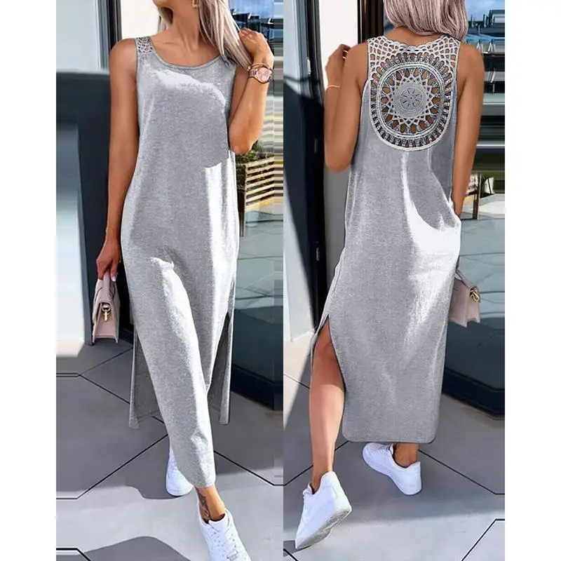 Robe d'été sans manches, ajourée, Sexy, ample, mode, fente unie, robes décontractées, col rond, mi-l