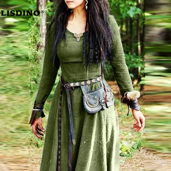 LisdinoMedieval Robe femmes à manches longues Maxi Robe Vintage fée elfique Robe Renaissance celtiqu
