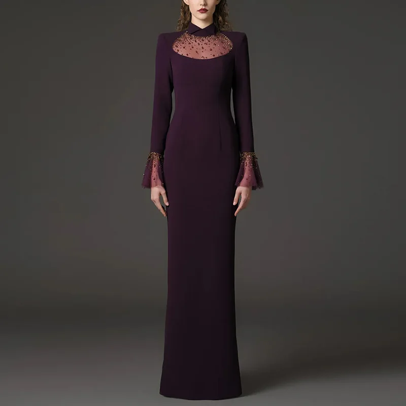 Nouvelle Collection 2026 – Robe Longue de Créateur pour Femme avec Col à Revers, Maille Patchwork, D