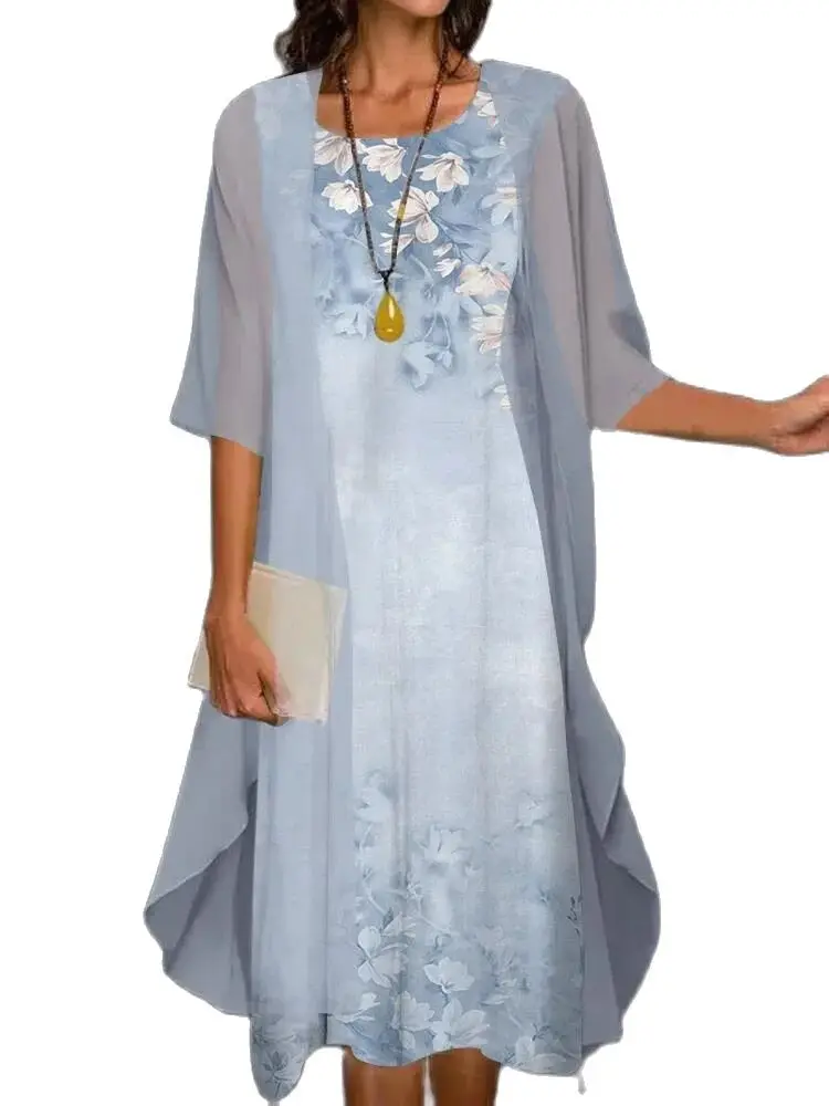 Robe d'été en mousseline de soie pour femmes, sans manches, col rond, imprimé, ample, pour soirée + 