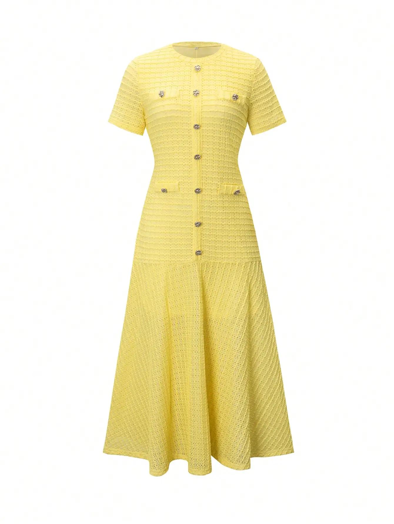 Robe midi en tricot texturé jaune avec boutons sur le devant et fausses poches