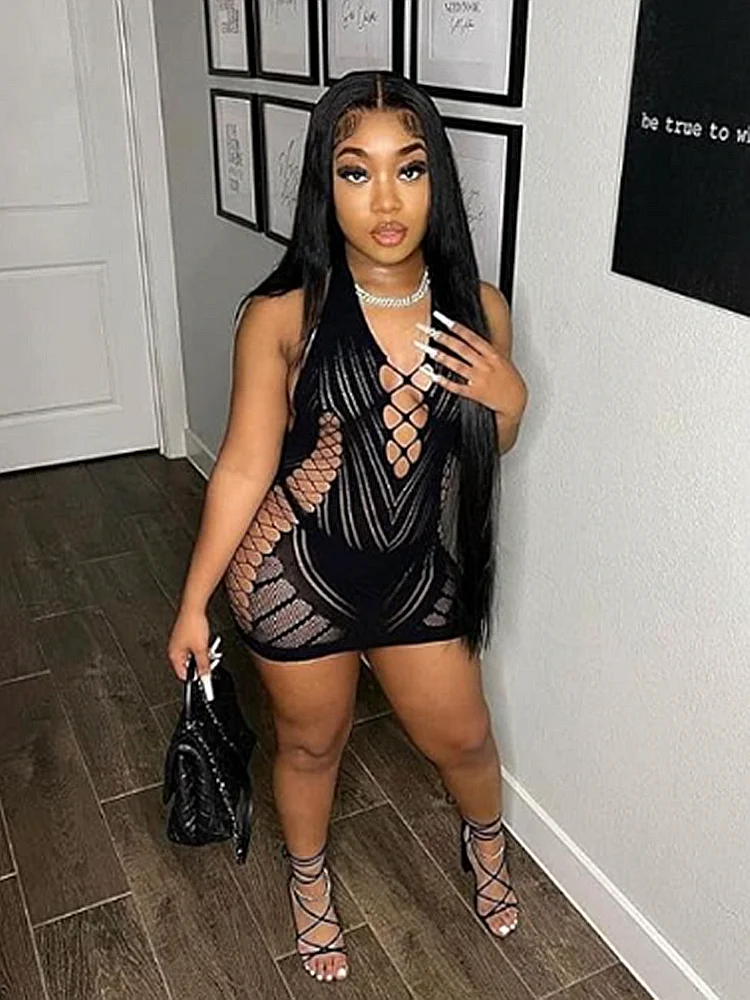 Robe courte dos nu en dentelle transparente pour femmes, chemise de nuit dos nu creux, pyjama sexy, 