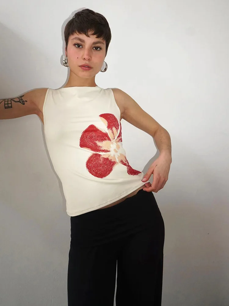 Débardeur court imprimé floral pour femmes, ajusté, col bateau, sans manches, haut d'été pour fête,