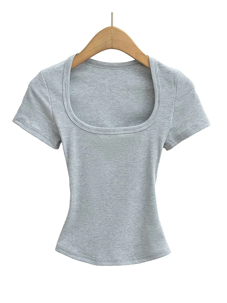 Col carré haute Stretch été culture hauts femmes à manches courtes hauts Sexy pull sommets Blouses m