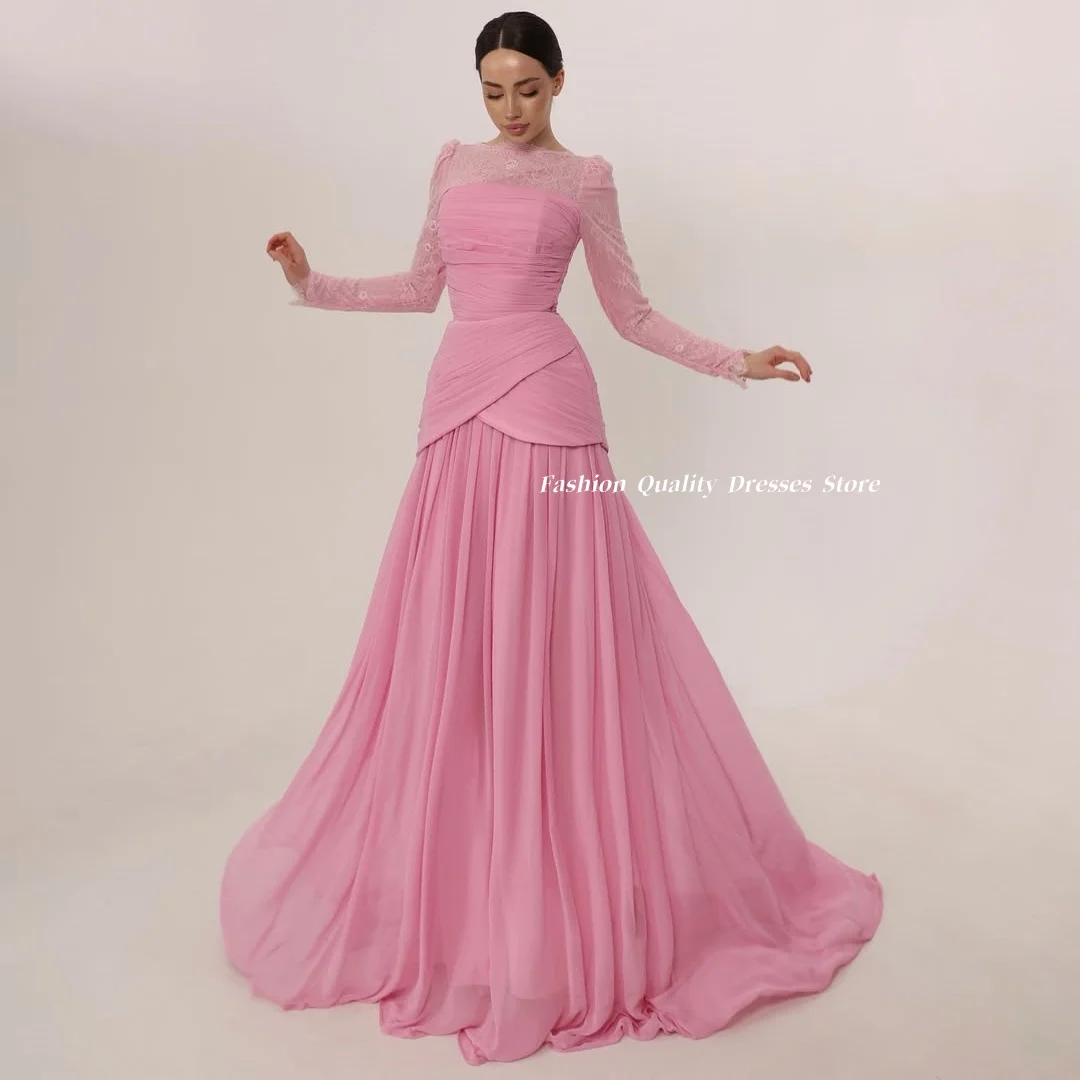 Robes de soirée élégantes pour femmes, en dentelle rose, à manches longues, en mousseline de soie pl