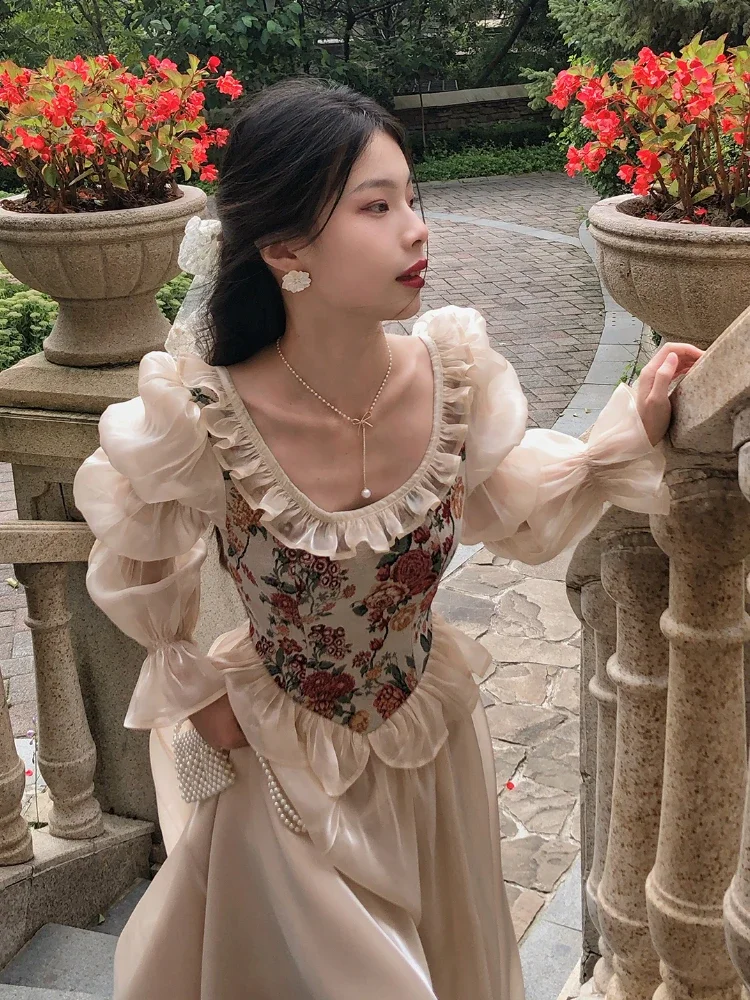 Vintage élégant imprimé robe florale femmes 2023 automne col rond décontracté soirée robe mi-longue 