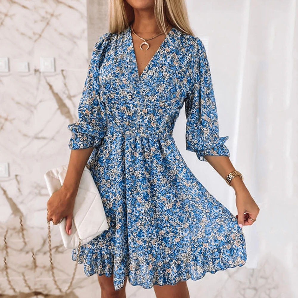 Mini robe bohème à fleurs pour femmes, col en V, manches courtes, imprimé Floral, robe de soirée, pu