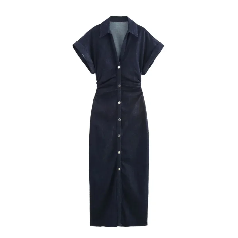 Printemps nouvelle série 1975 denim robe MIDI avec revers côté fermeture éclair mode rides taille mi