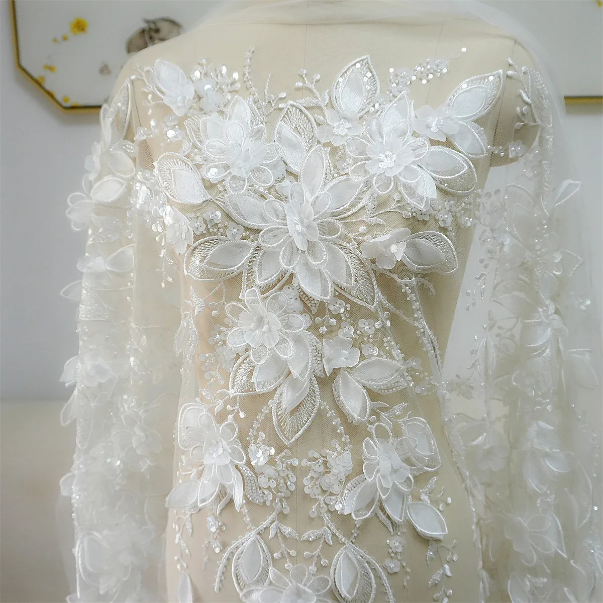 Robe de mariée en Tulle, tissu à fleurs 3D brodé en dentelle à paillettes appliquées
