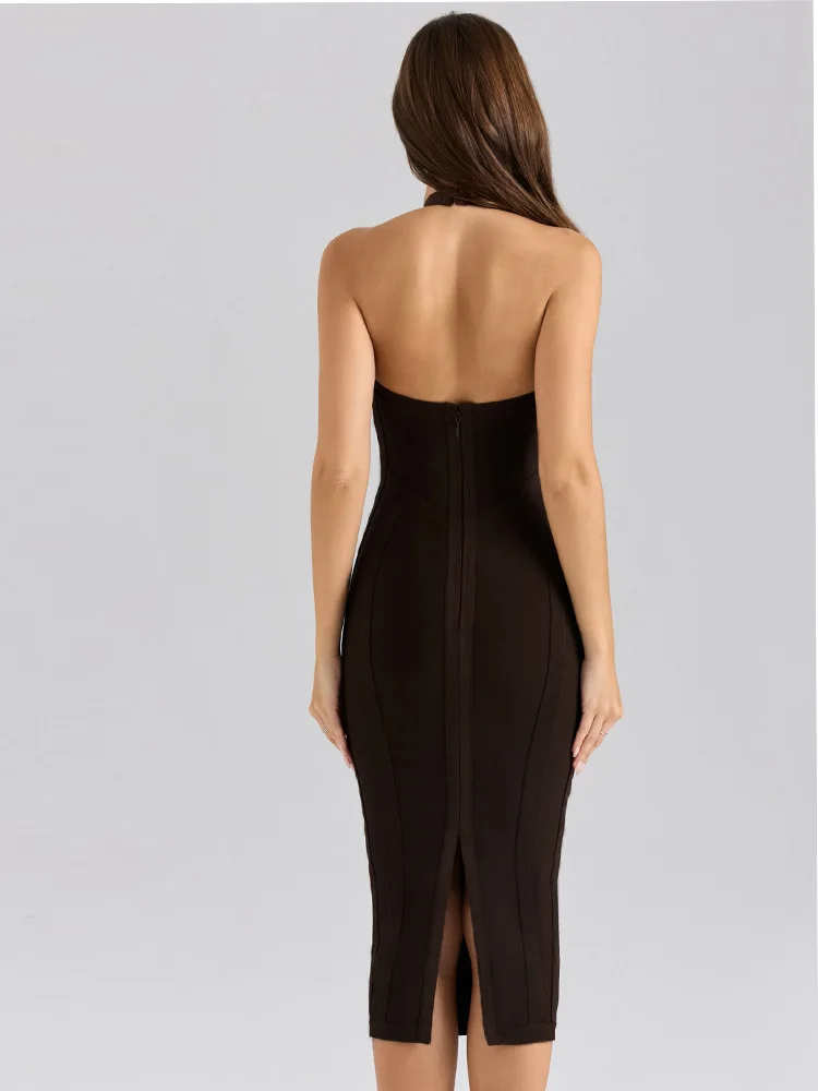 Robe moulante mi-longue à col en V profond et dos nu, style bandage, sexy et tendance, pour femme, i