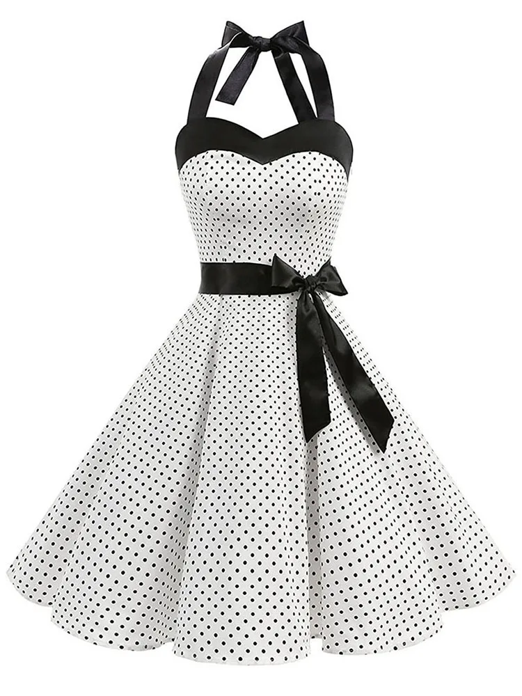 Femmes à pois imprimé Robe d'été Sexy rétro blanc licou Robe Vintage Robe Femme Pin Up Rockabilly Ro