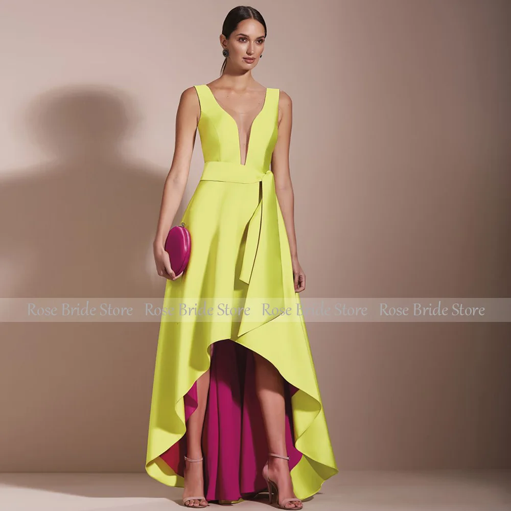 Robes de soirée formelles personnalisées pour femmes, col en V profond, coupe trapèze, asymétriques,