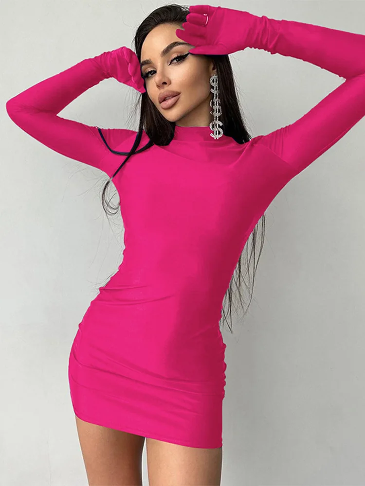 Mini robe moulante à manches longues avec gants, couleur unie, Sexy, Streetwear, tenue de fête, demi