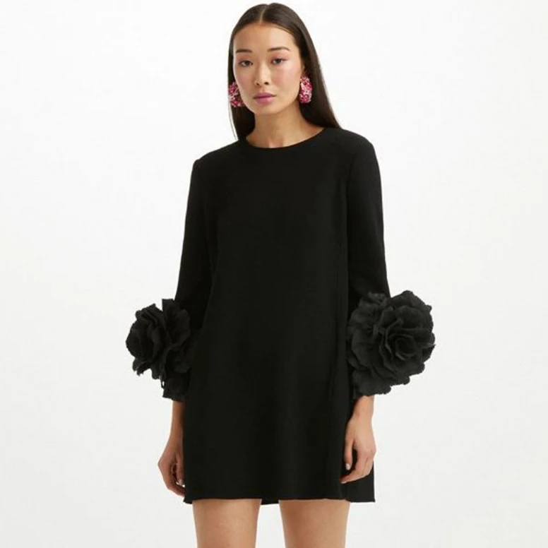 Robe en Satin à col rond pour femmes, manches longues, robe droite à fleurs, mini-robe à roses noire
