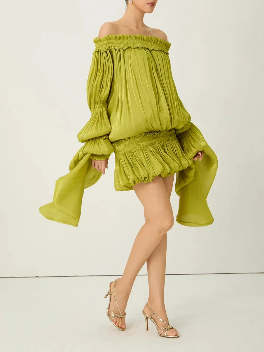 Robe ample unie à plis et empiècements TWOTWINSTYLE pour femme, col bateau, manches longues, robes a
