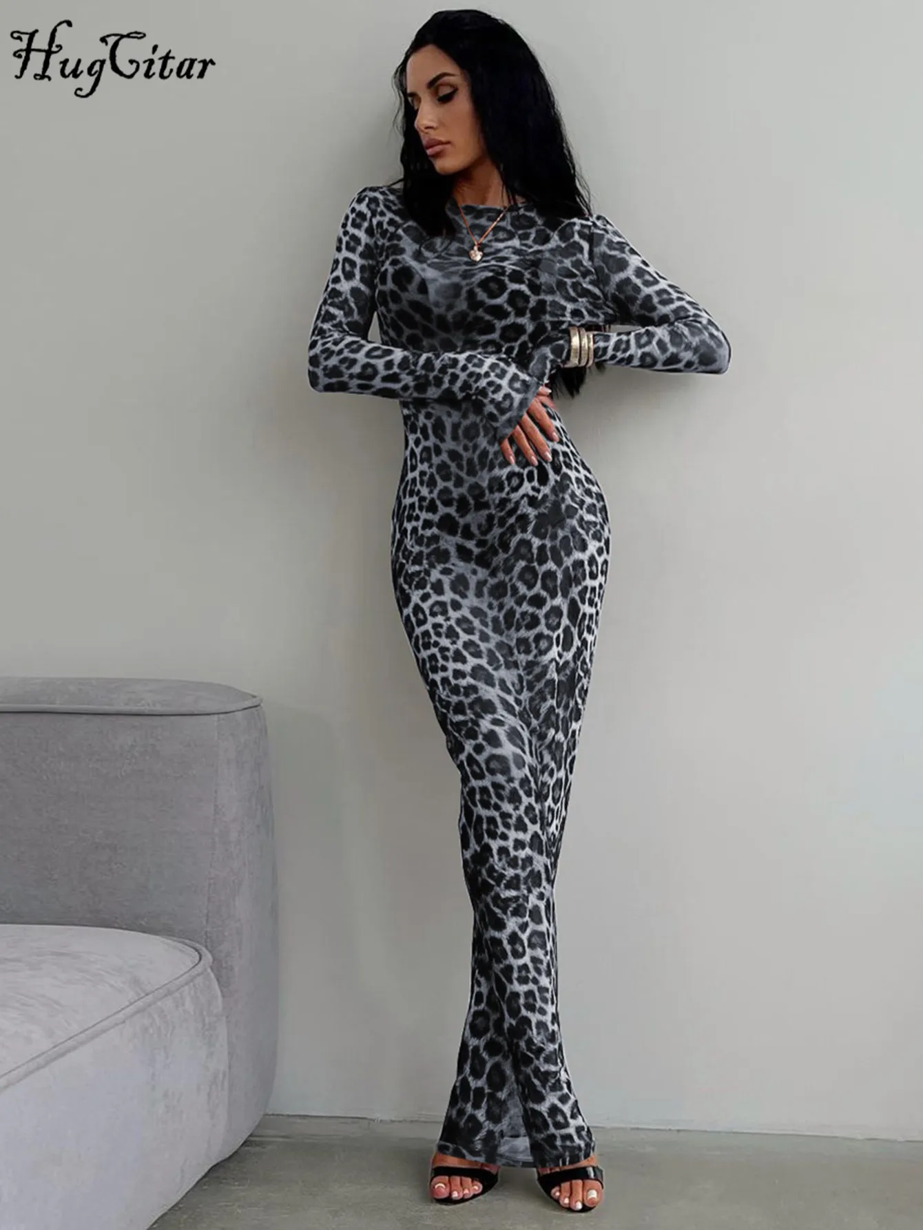 Hugcitar imprimé léopard maille à manches longues Sexy mince voir à travers Maxi robe automne femmes