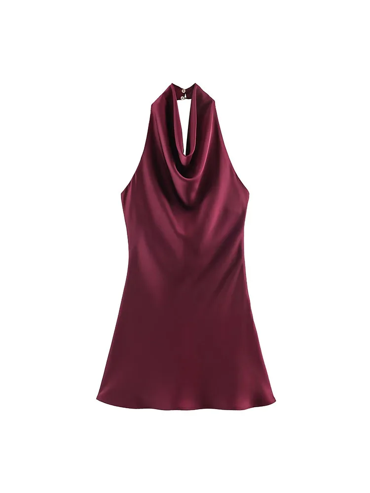 Robe Courte Halter Élégante en Satin pour Femme – Collection Été 2026 – Sexy, Dos Nu, Couleur Unie –